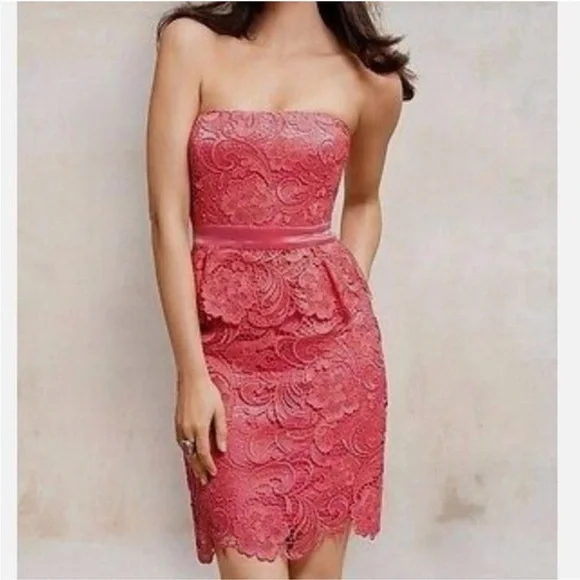 CACHE Coral Pink Floral Lace Peplum Strapless Dress EUC Size 8 - Picture 11 of 11